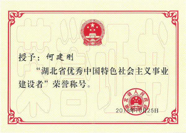 2018年何建刚荣获“湖北省优秀中国特色社会主义事业建设者”荣誉称号